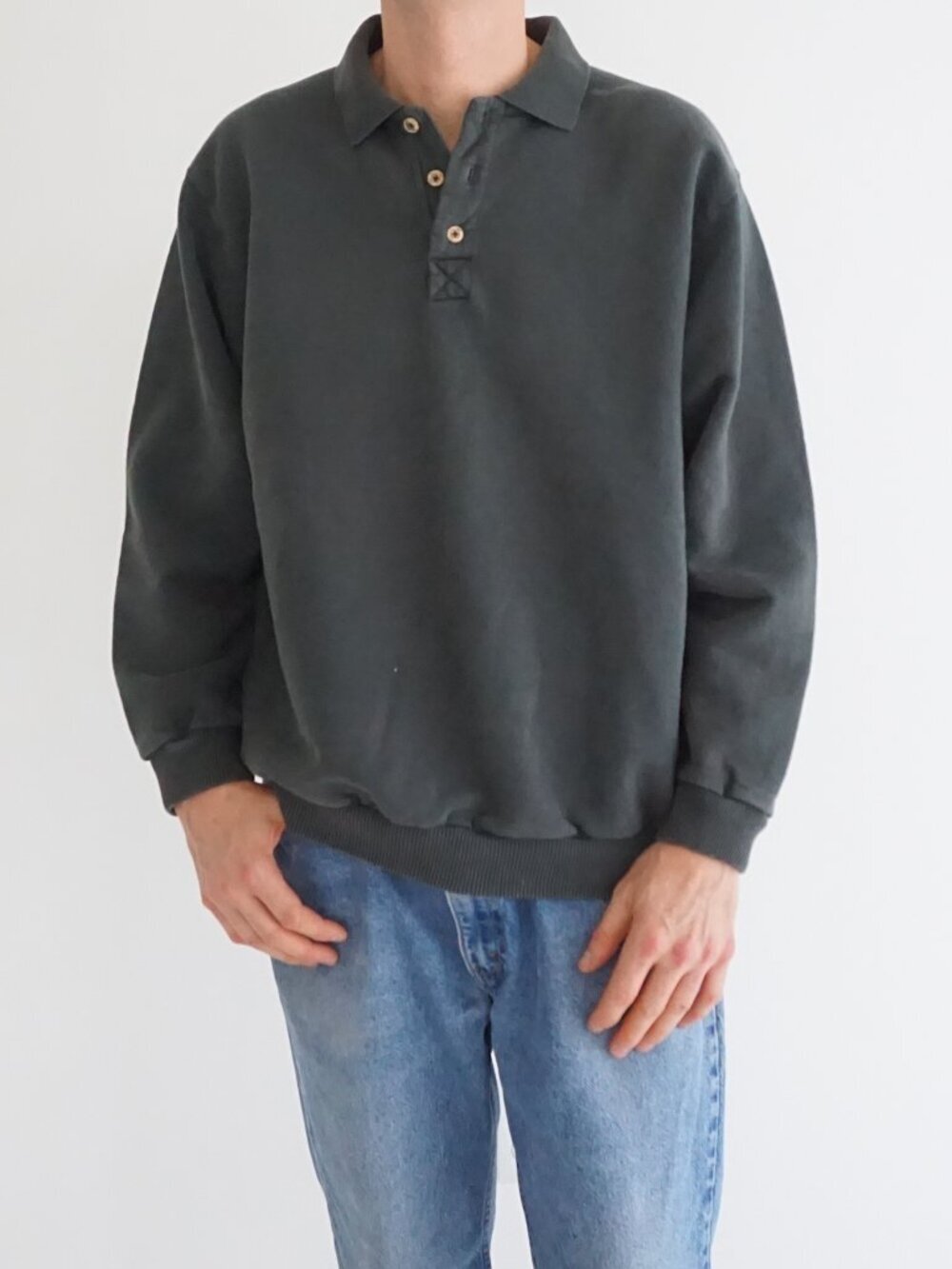 VTG Non Fiction Green Solid Cotton Long Sleeve Rugby Shirt Collared Pullover M